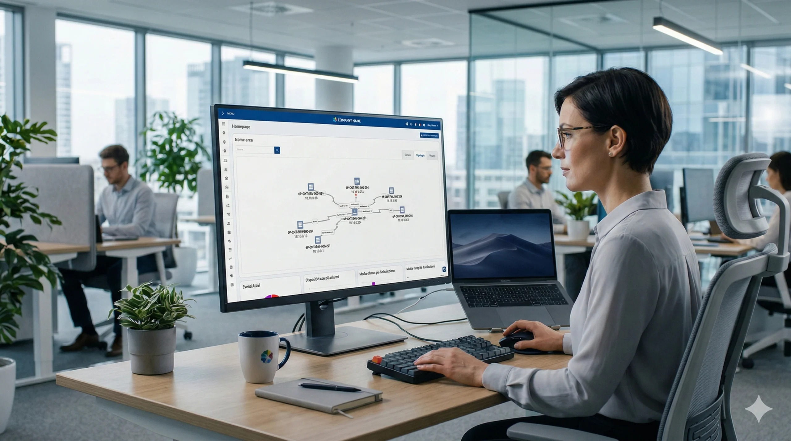 Professionista IT che analizza una dashboard di monitoraggio con mappa topologica di rete su un monitor in un moderno ufficio aziendale.